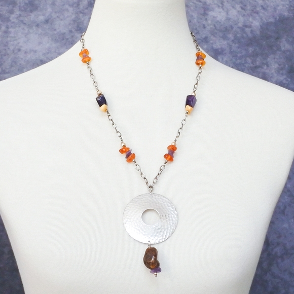 Avi Soffer Artisan Sterling Silver Amber Amethyst Bead Pendant Necklace